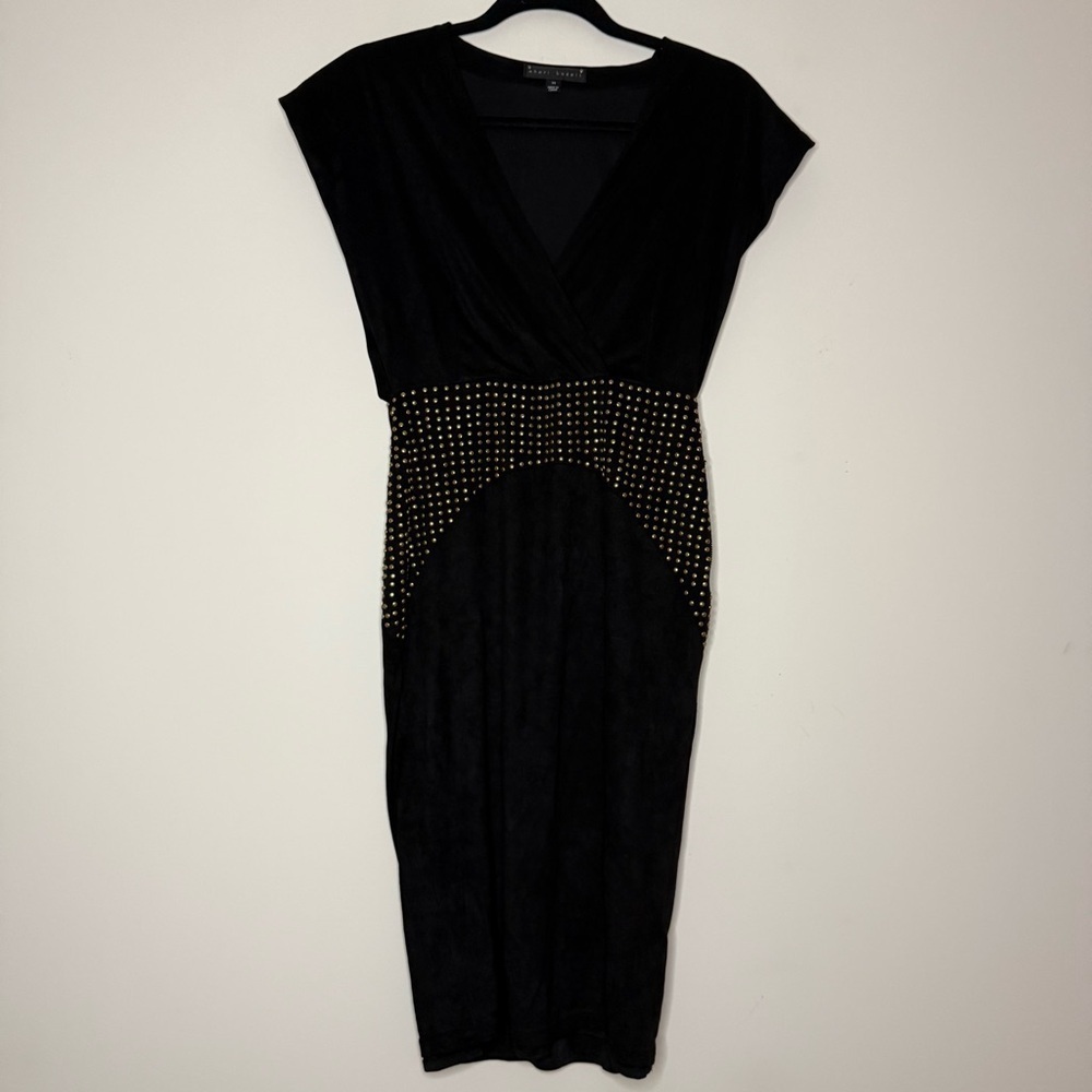 SHERI BODELL Embellished Studded Vneck Edgy Glam Suede Cocktail LBD Sheath Dress